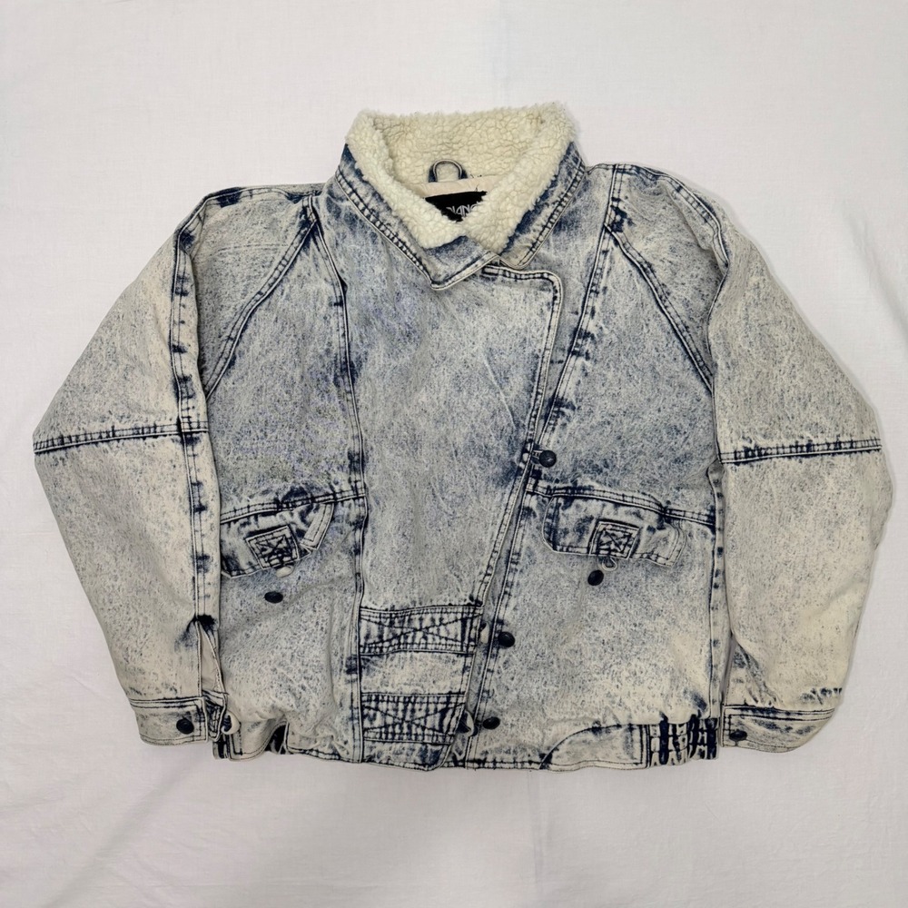 Vintage 80s Fabriano Acid Wash Denim Sherpa Bomber Jacket Womens L Cropped 90s